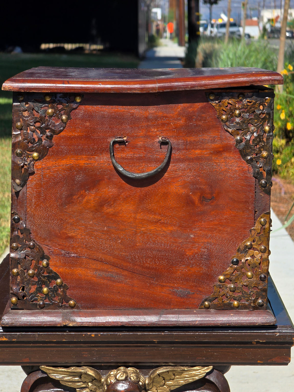 Antique Dutch Colonial Teak Wood Blanket Box Trunk Studded Brass Inlaid Chest