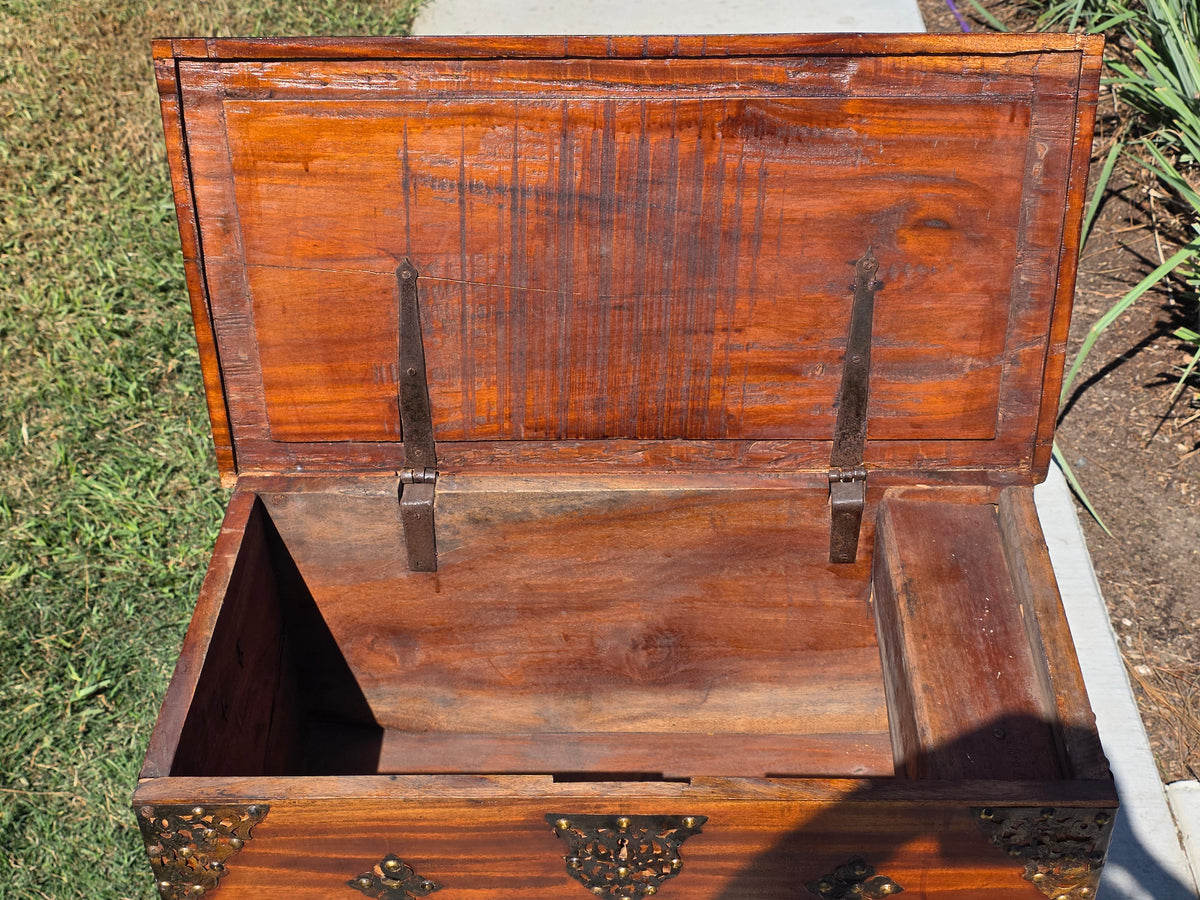 Antique Dutch Colonial Teak Wood Blanket Box Trunk Studded Brass Inlaid Chest