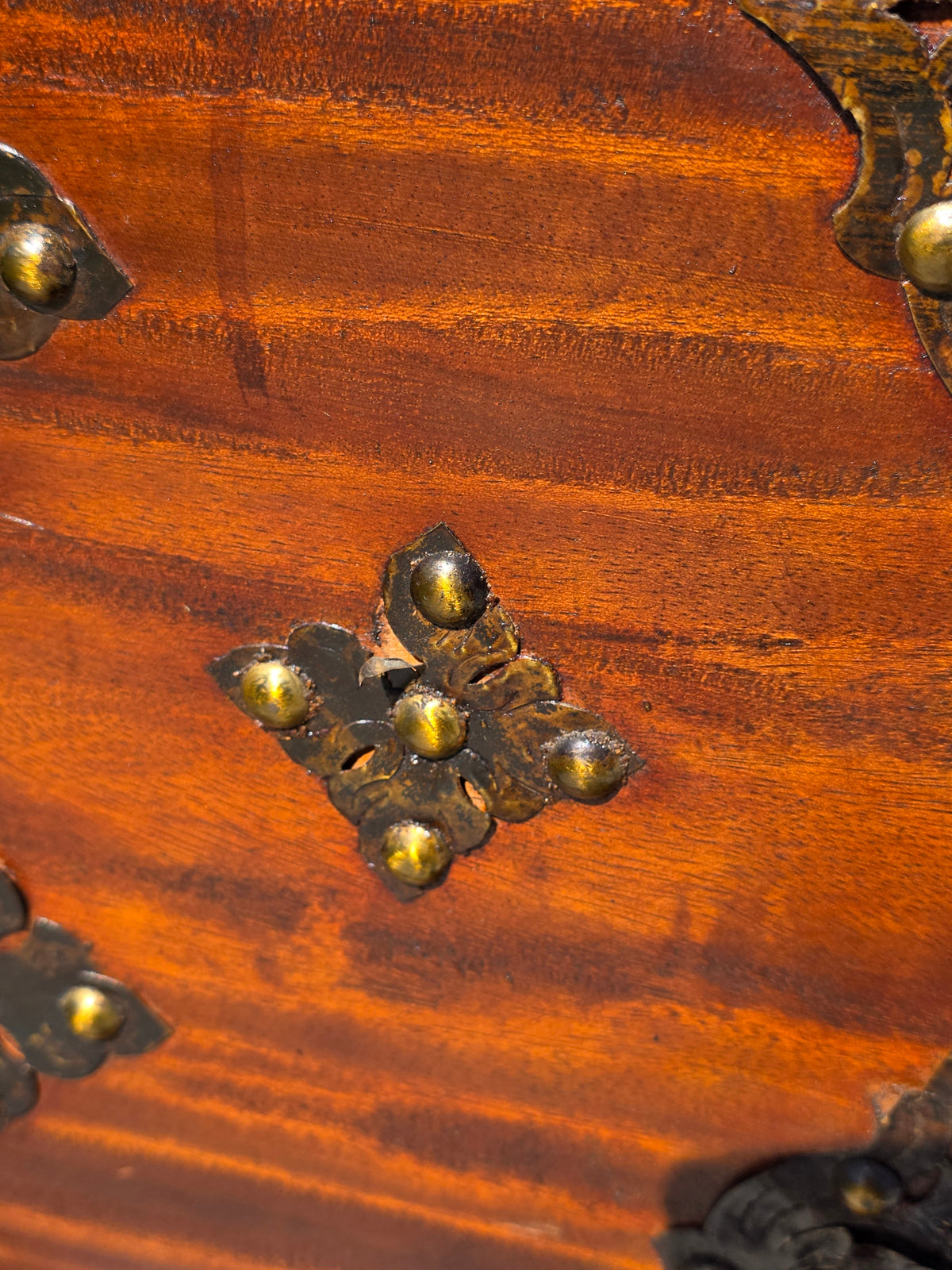 Antique Dutch Colonial Teak Wood Blanket Box Trunk Studded Brass Inlaid Chest