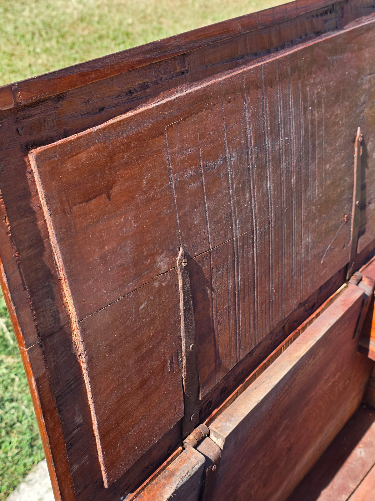 Antique Dutch Colonial Teak Wood Blanket Box Trunk Studded Brass Inlaid Chest