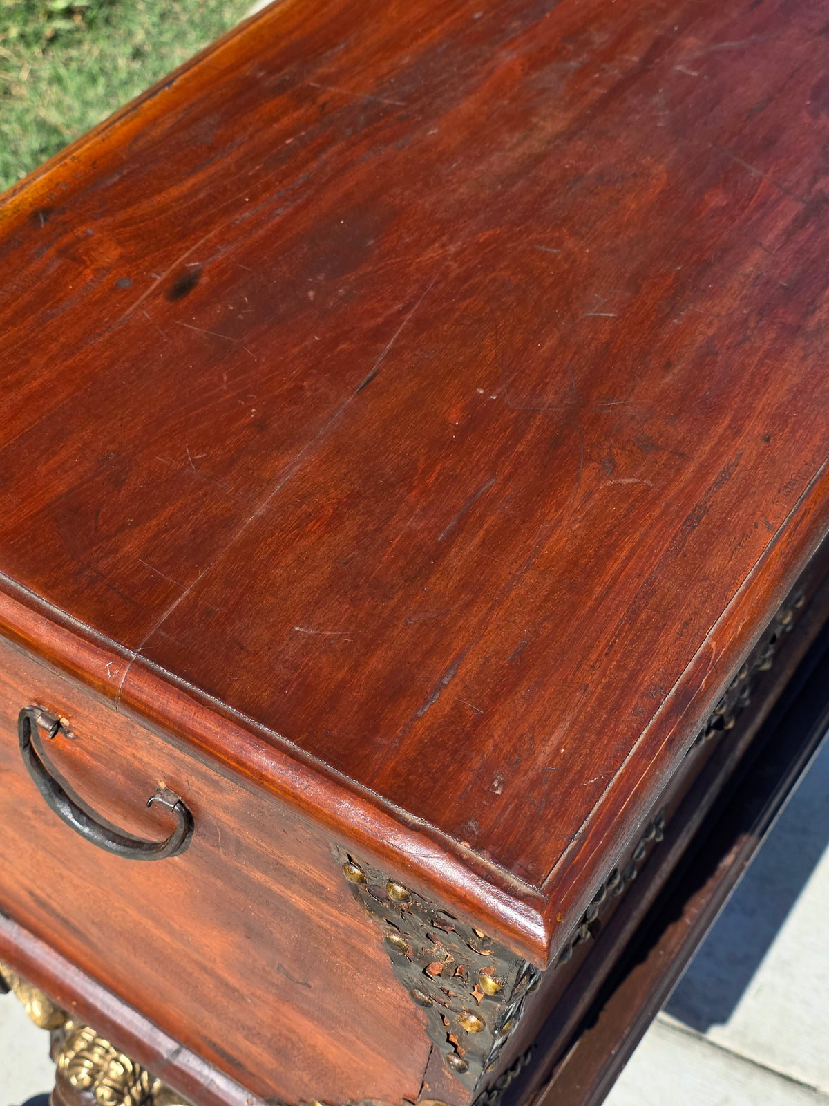 Antique Dutch Colonial Teak Wood Blanket Box Trunk Studded Brass Inlaid Chest