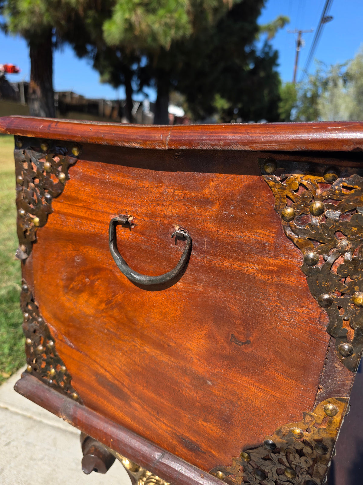 Antique Dutch Colonial Teak Wood Blanket Box Trunk Studded Brass Inlaid Chest