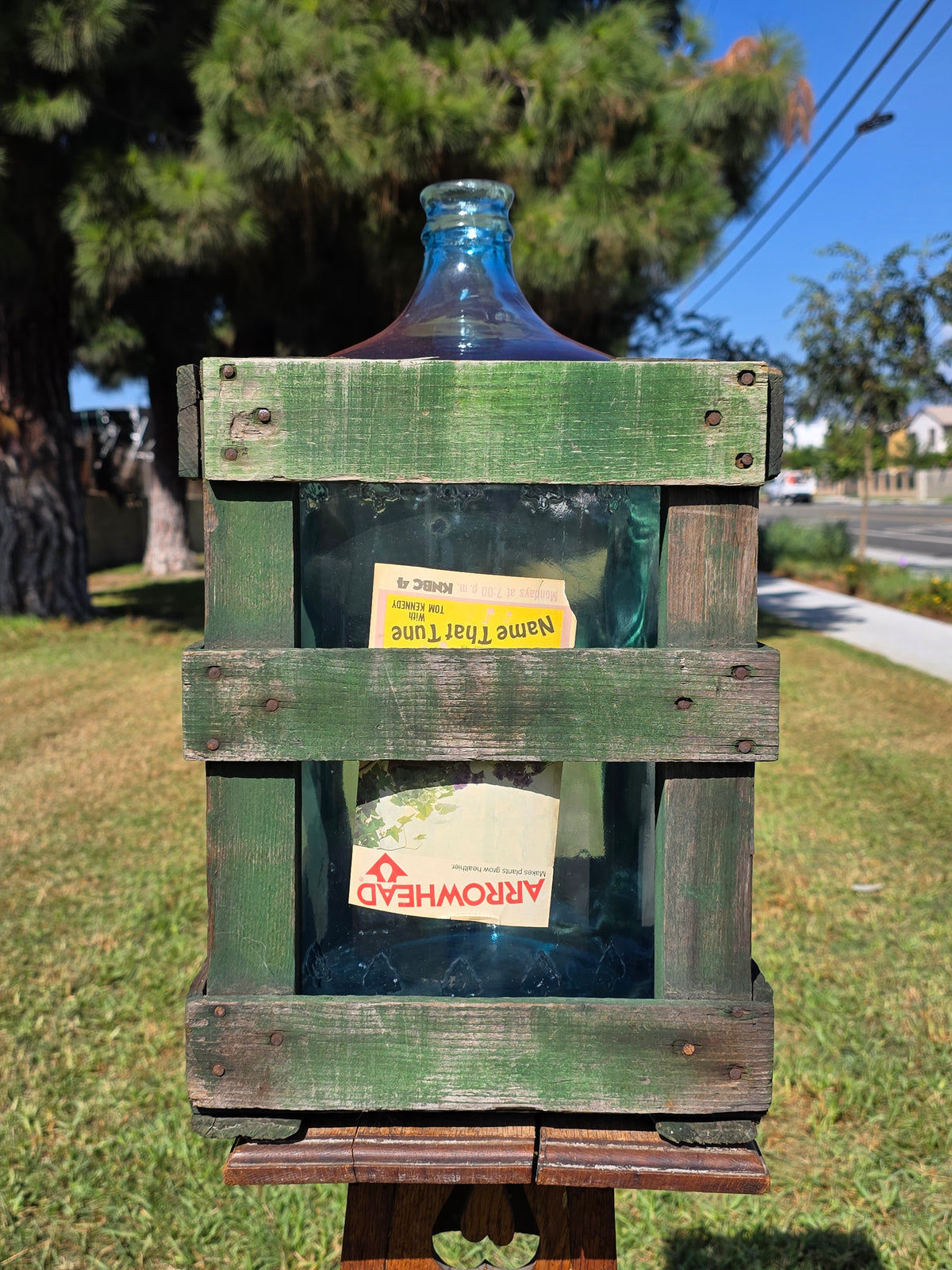 Vintage Arrowhead Puritas 5 Gallon Glass Water Bottle Carboy Wood Crate 1973 (Damage)