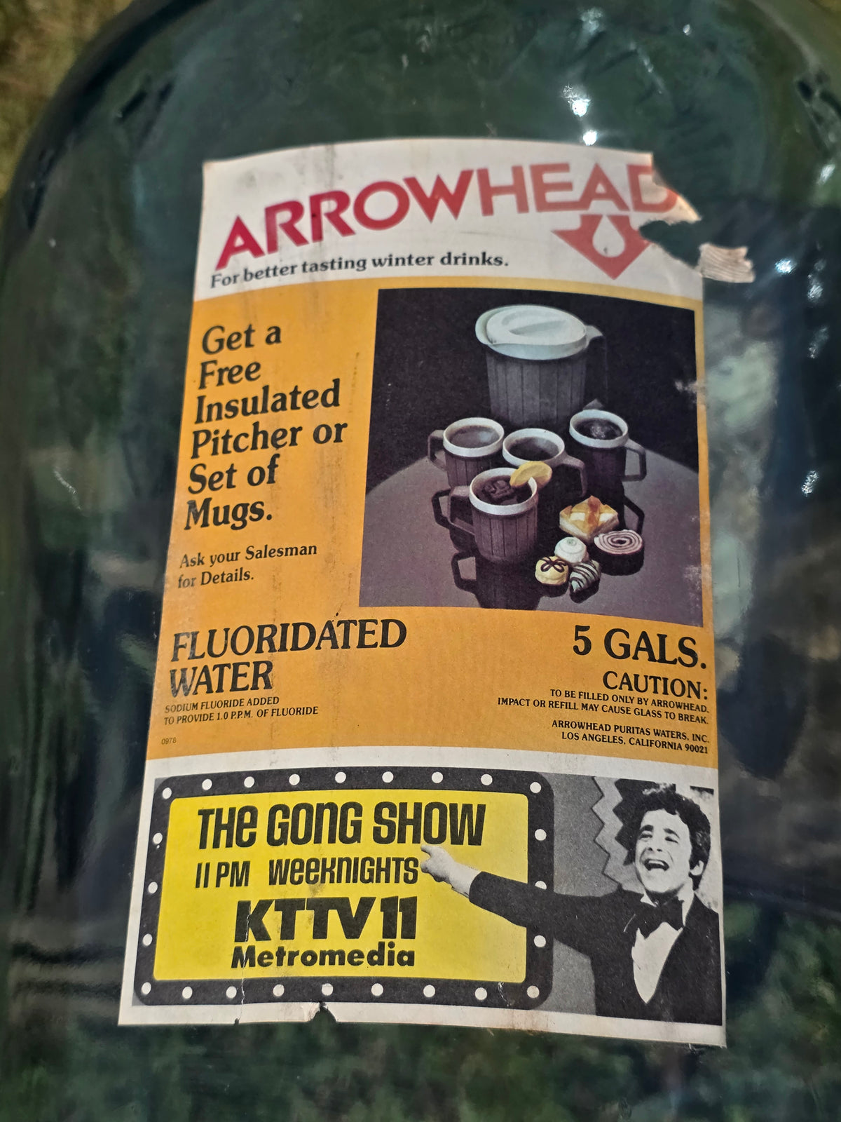 Vintage Arrowhead Puritas 5 Gallon Glass Water Bottle Carboy Wood Crate 1975