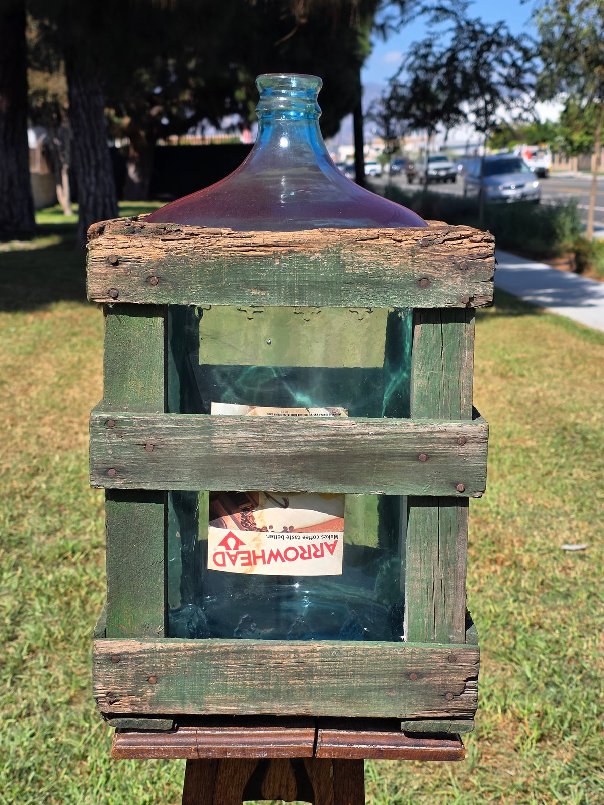 Vintage Arrowhead Puritas 5 Gallon Glass Water Bottle Carboy Wood Crate 1974