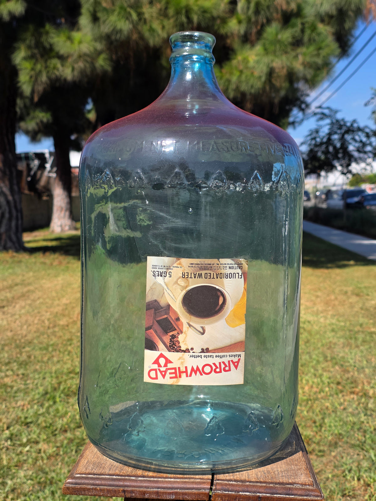 Vintage Arrowhead Puritas 5 Gallon Glass Water Bottle Carboy Wood Crate 1974