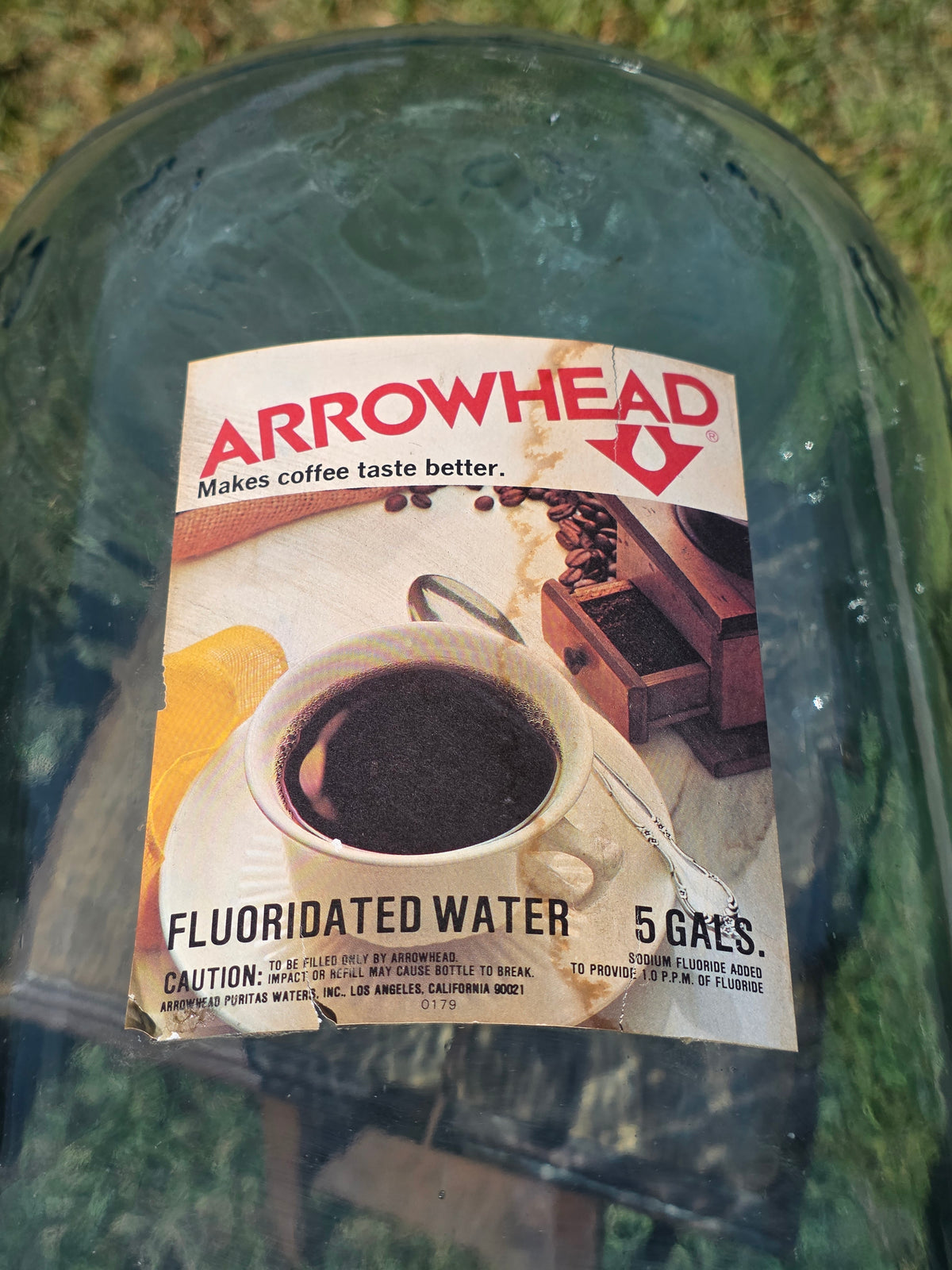 Vintage Arrowhead Puritas 5 Gallon Glass Water Bottle Carboy Wood Crate 1974
