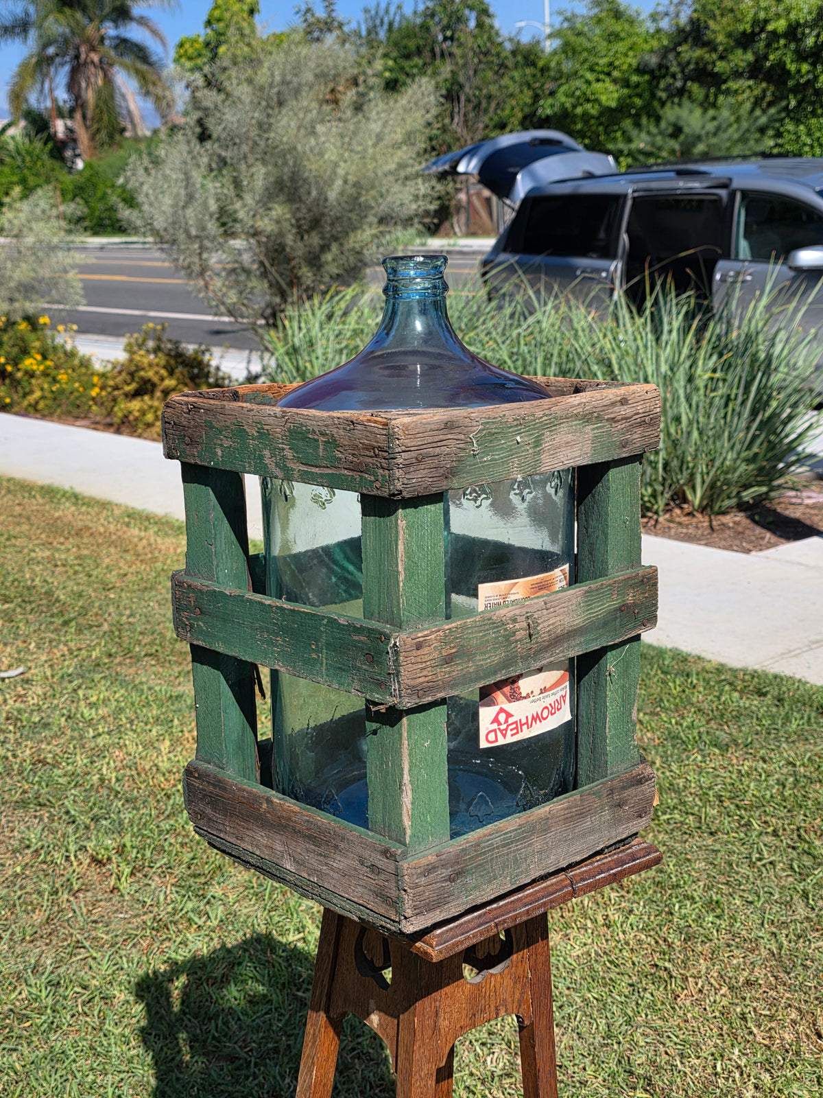 Vintage Arrowhead Puritas 5 Gallon Glass Water Bottle Carboy Wood Crate 1976