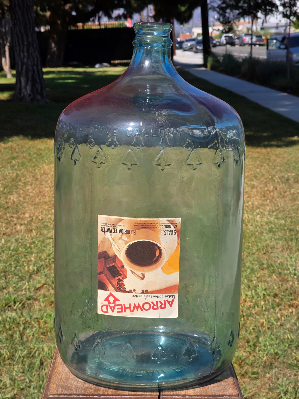 Vintage Arrowhead Puritas 5 Gallon Glass Water Bottle Carboy Wood Crate 1976
