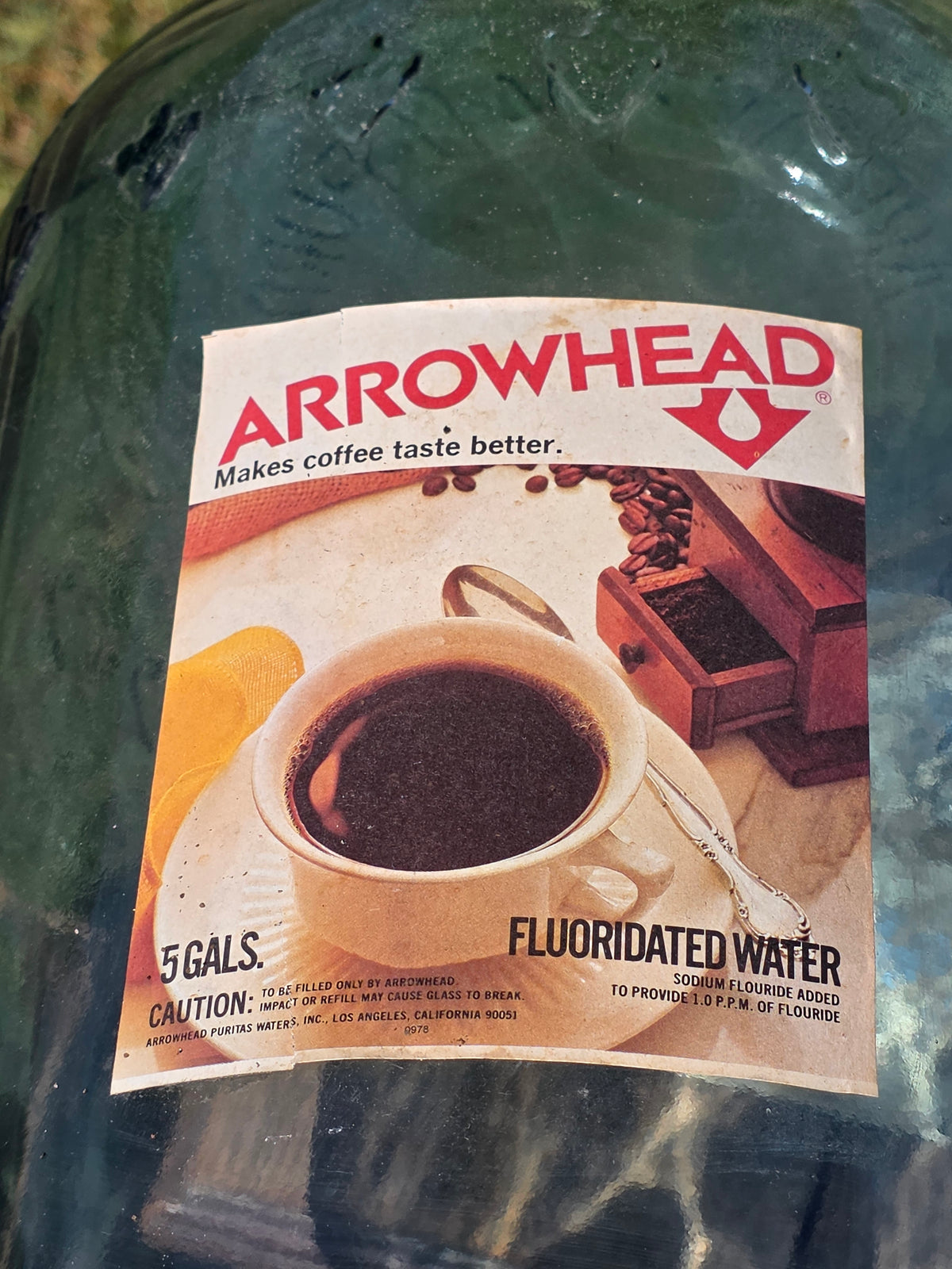 Vintage Arrowhead Puritas 5 Gallon Glass Water Bottle Carboy Wood Crate 1976