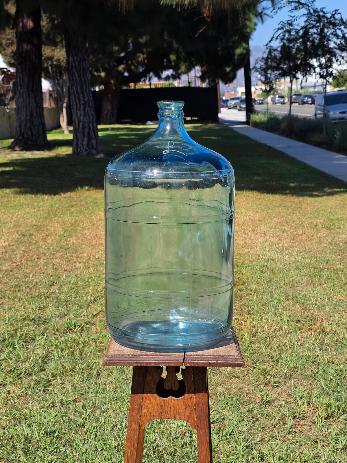 Vintage 5 Gallon Blue Glass Water Bottle Carboy Crate ASEC GPD 1973 Monogram L
