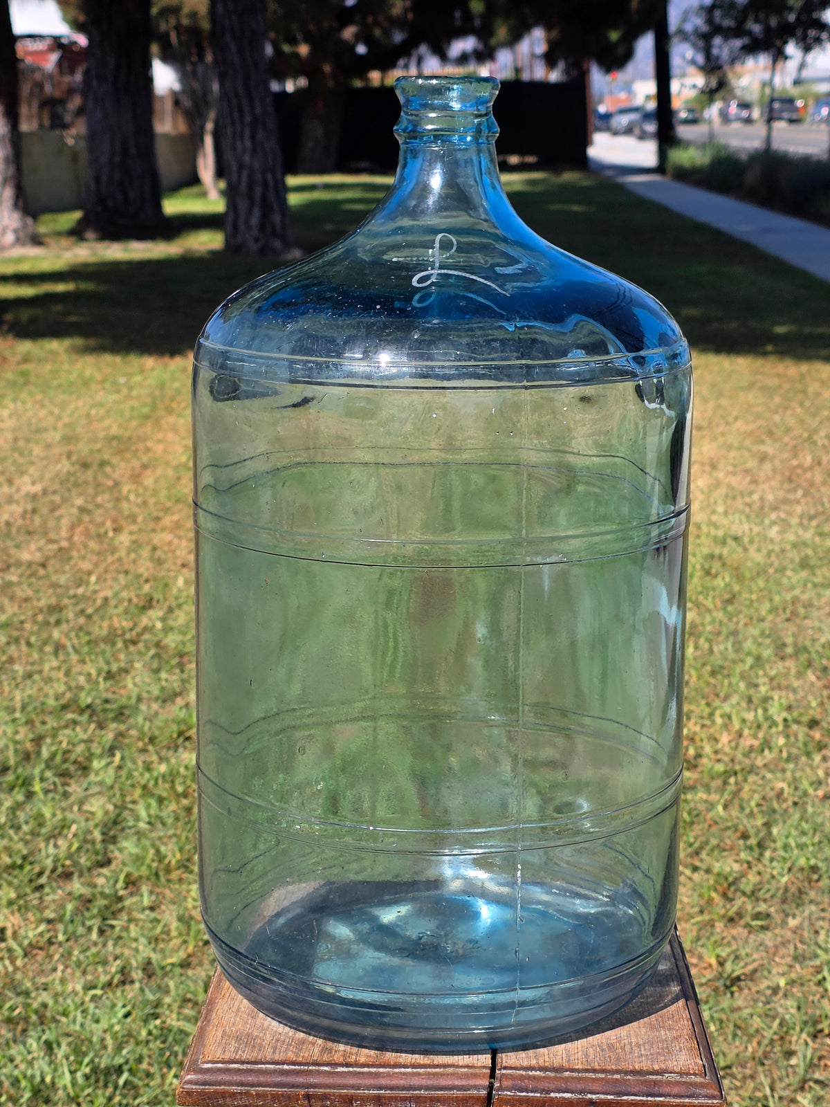 Vintage 5 Gallon Blue Glass Water Bottle Carboy Crate ASEC GPD 1973 Monogram L
