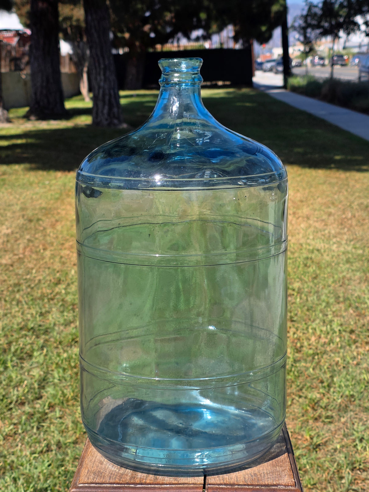 Vintage 5 Gallon Blue Glass Water Bottle Carboy Crate ASEC GPD 1973 Monogram L