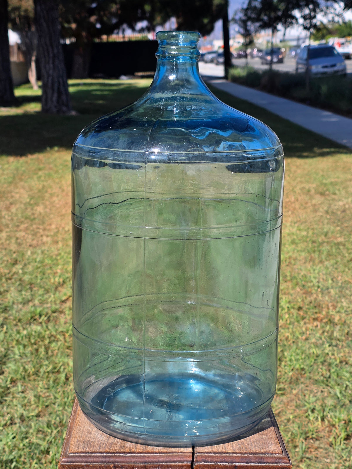 Vintage 5 Gallon Blue Glass Water Bottle Carboy Crate ASEC GPD 1973 Monogram L