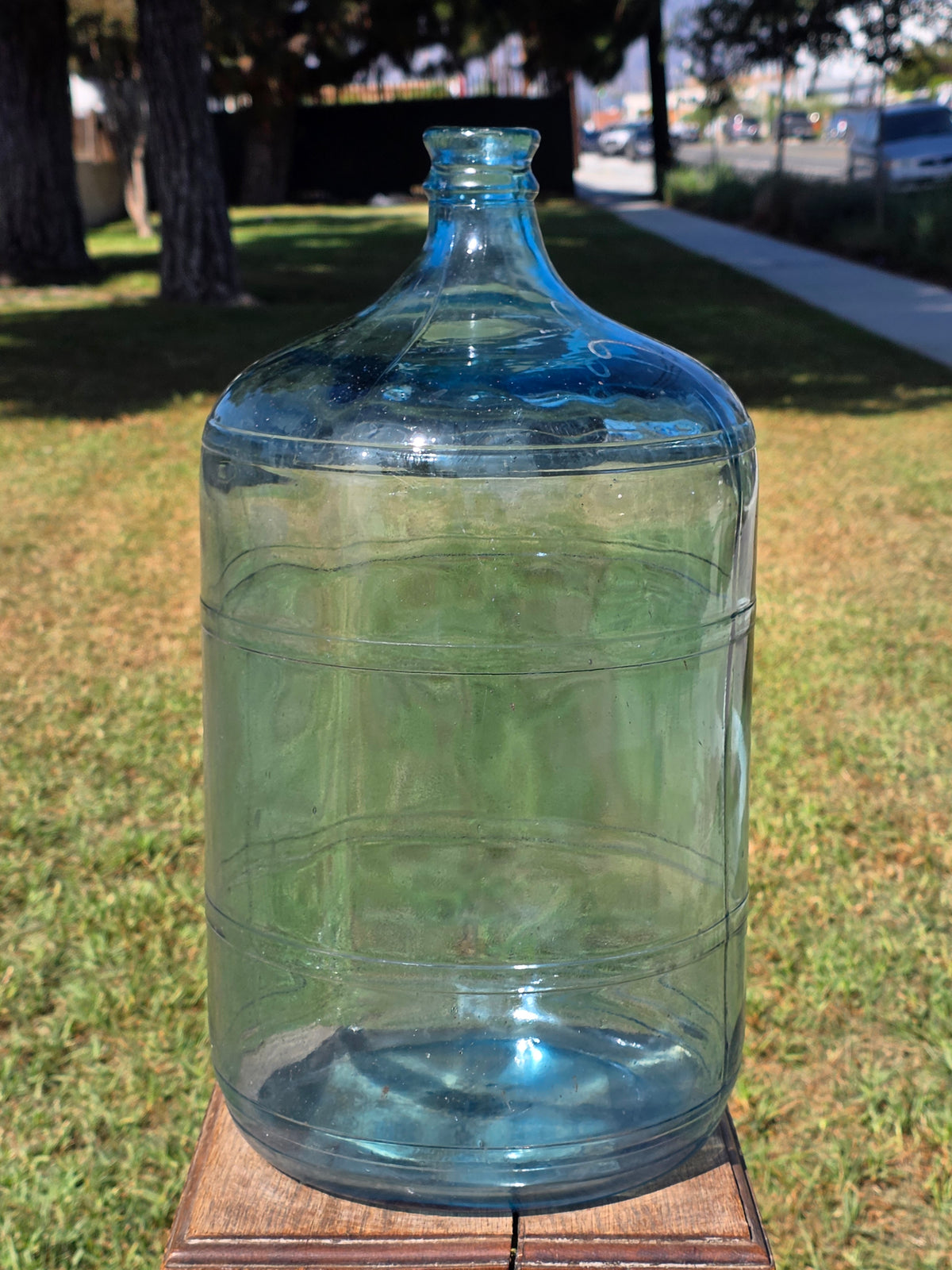 Vintage 5 Gallon Blue Glass Water Bottle Carboy Crate ASEC GPD 1973 Monogram L