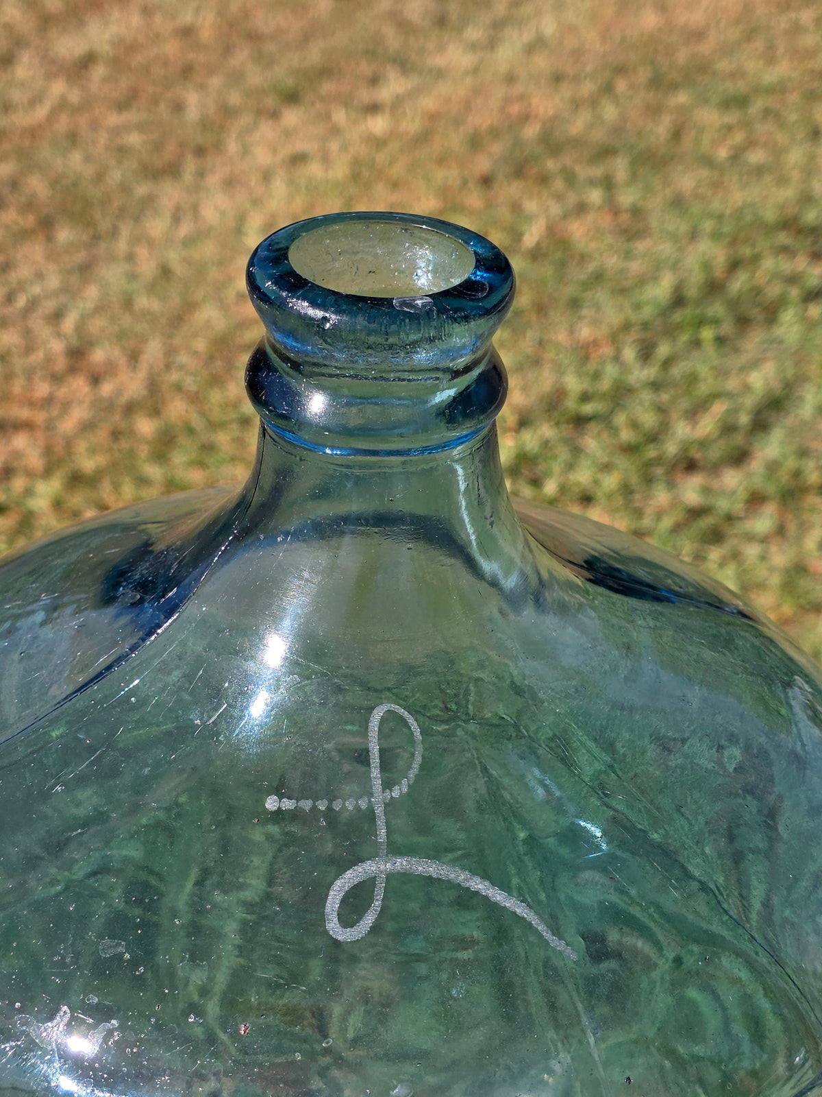 Vintage 5 Gallon Blue Glass Water Bottle Carboy Crate ASEC GPD 1973 Monogram L