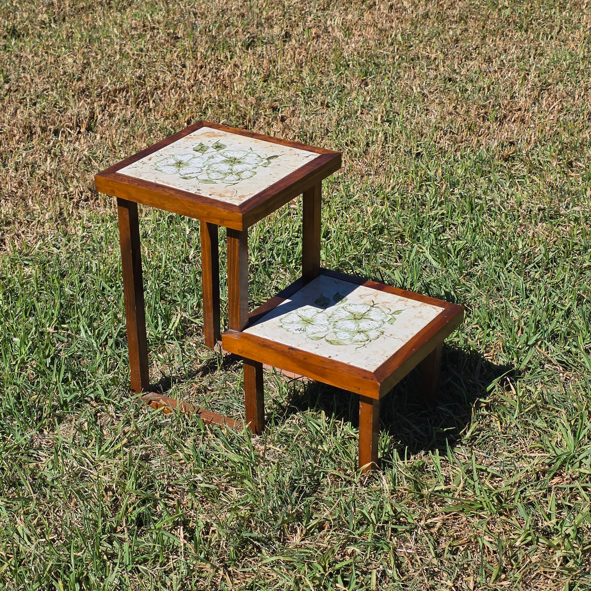 Vintage MCM 2 Tier Wood Plant Stand Italy Tile Top Buffet Food Server Table Rise