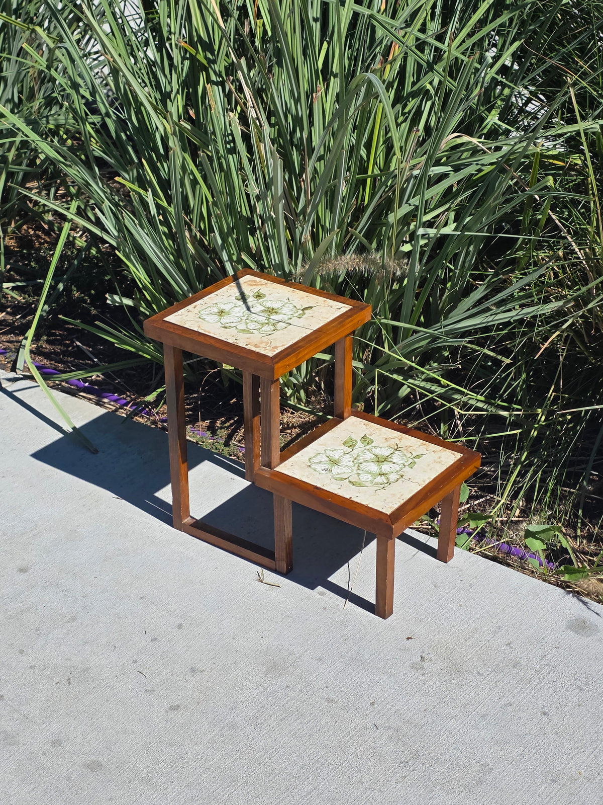 Vintage MCM 2 Tier Wood Plant Stand Italy Tile Top Buffet Food Server Table Rise