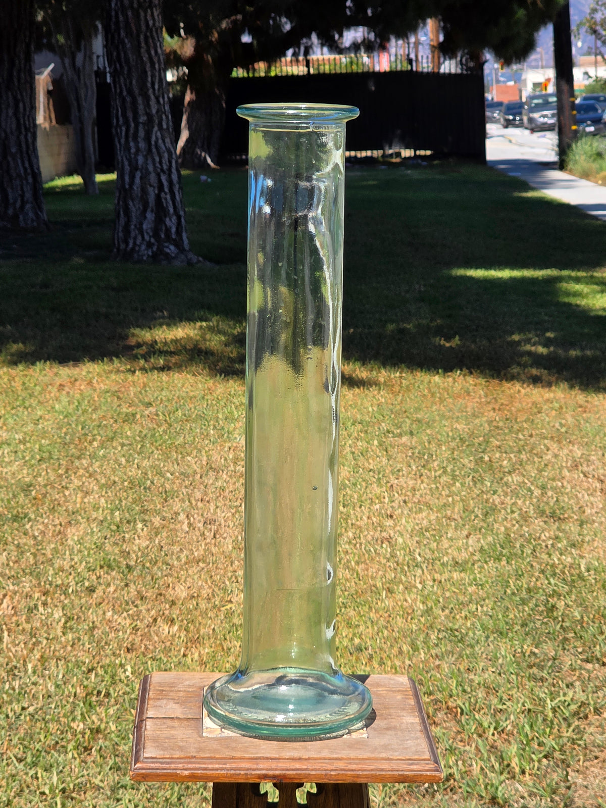 Vintage Blenko Style Tall Cylinder Floor Vase Italy Green Recycled Glass 22.75"