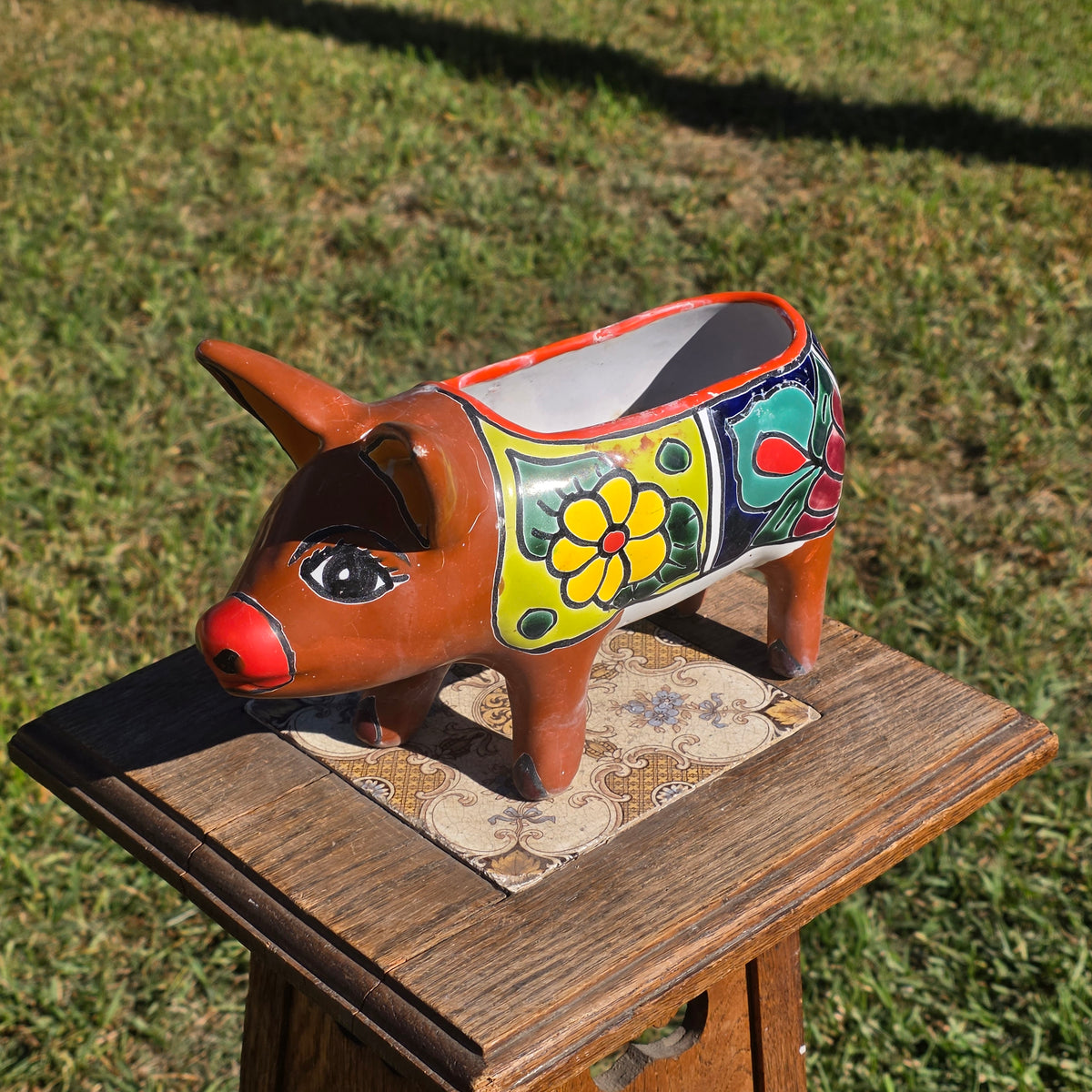 Vintage Talavera Pig Planter Mexico Ceramic Clay Flower Pot Folk Art Brown Blue