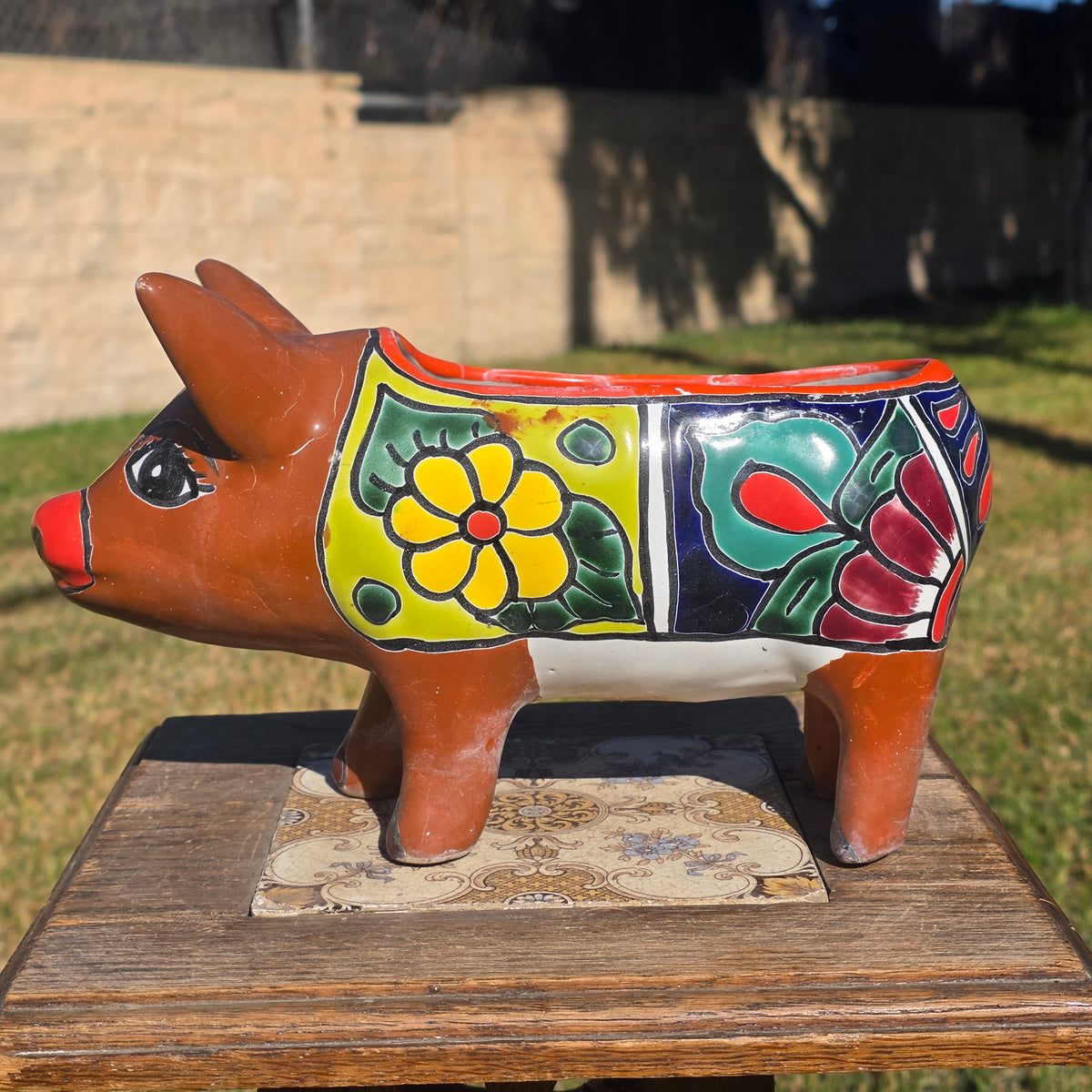 Vintage Talavera Pig Planter Mexico Ceramic Clay Flower Pot Folk Art Brown Blue