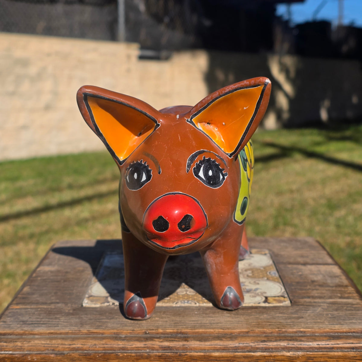 Vintage Talavera Pig Planter Mexico Ceramic Clay Flower Pot Folk Art Brown Blue