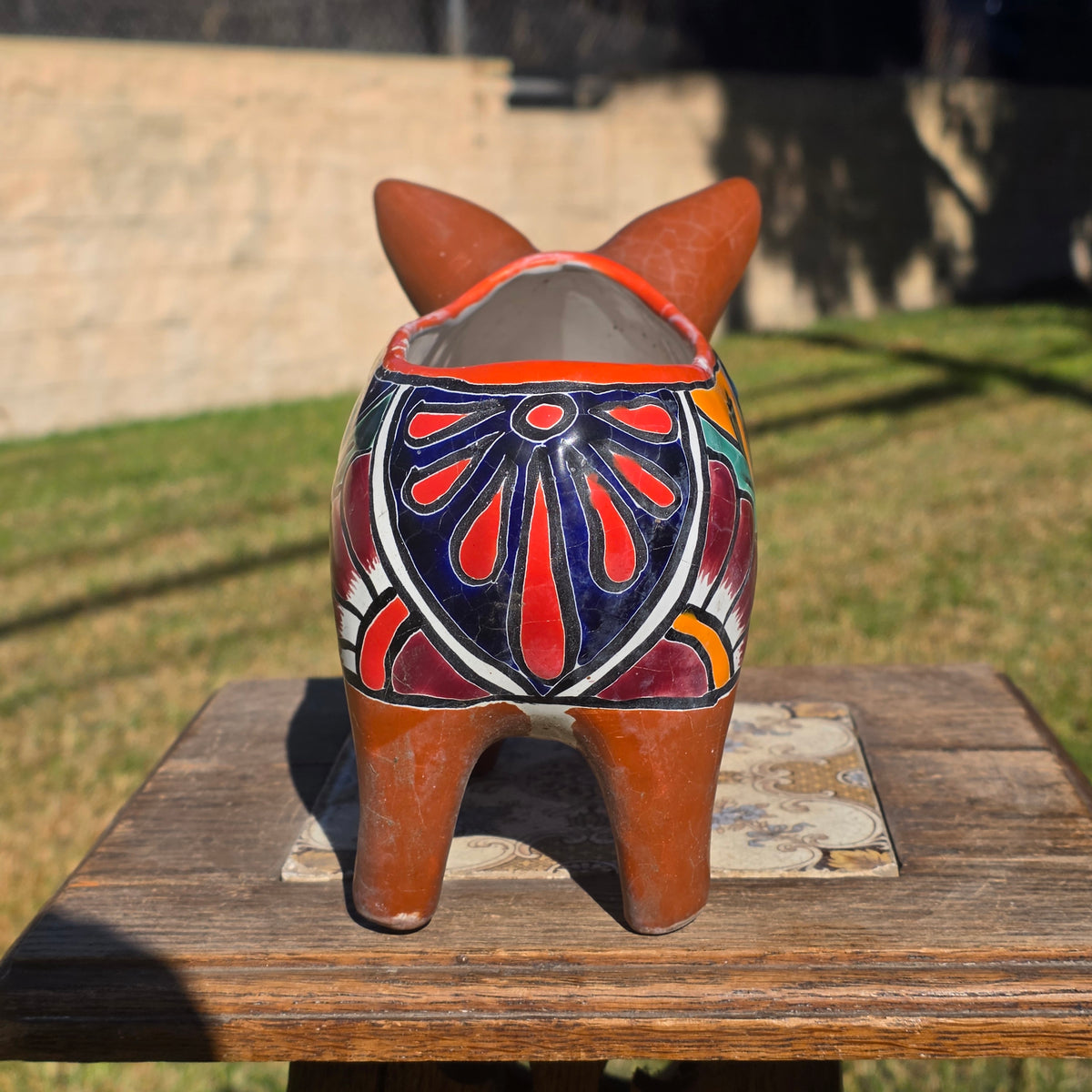 Vintage Talavera Pig Planter Mexico Ceramic Clay Flower Pot Folk Art Brown Blue