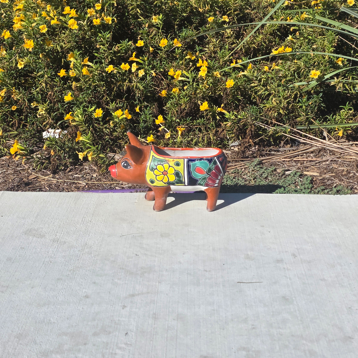 Vintage Talavera Pig Planter Mexico Ceramic Clay Flower Pot Folk Art Brown Blue