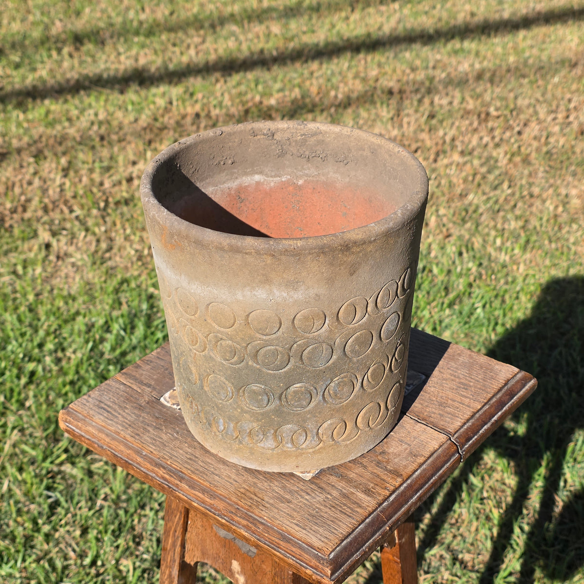 Vtg Mid Century Modern Terracotta Planter Geometric Circles Embossed Clay Pot