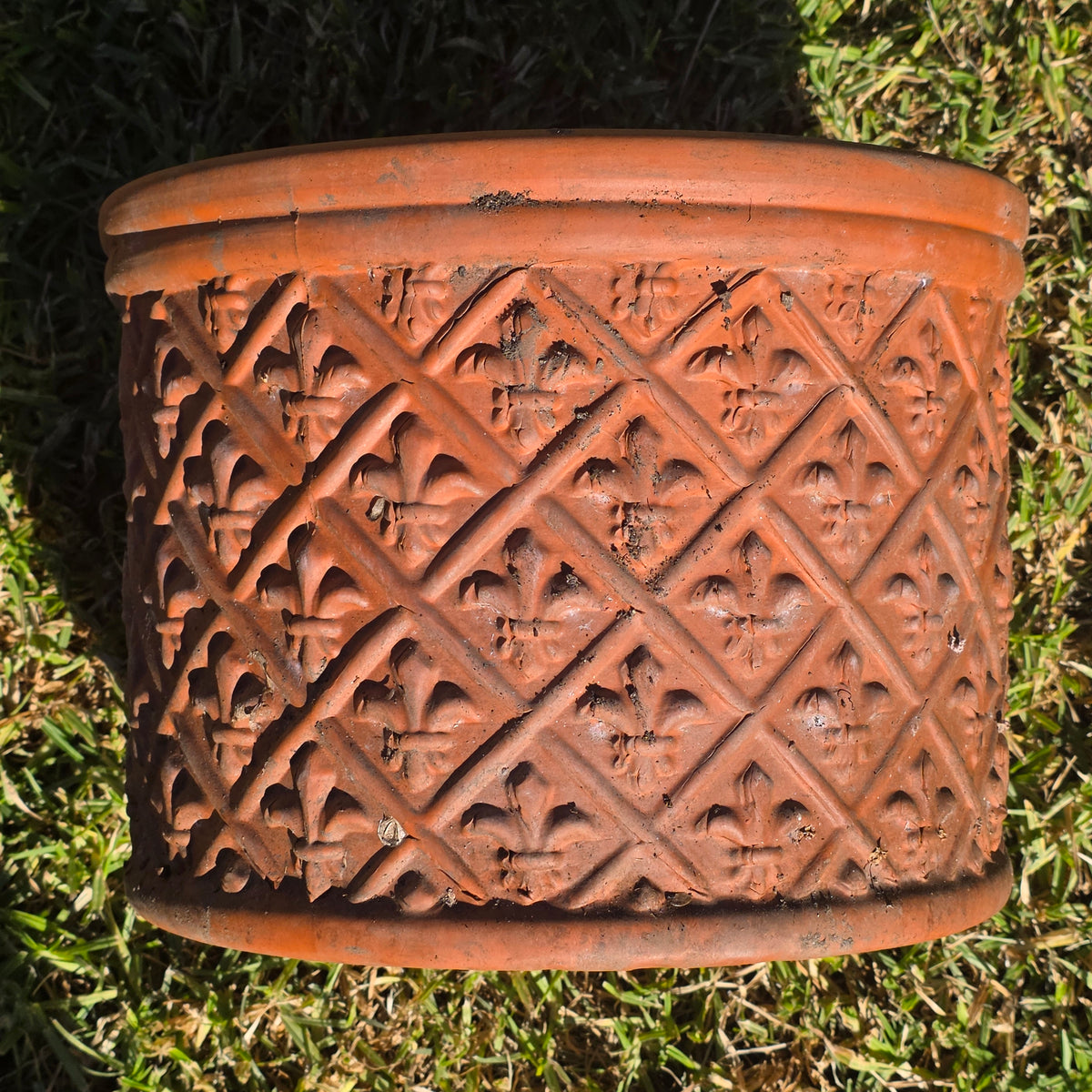 Vintage Fleur de Lis Terracotta Planter 12" Round Clay Garden Flower Pot Heavy