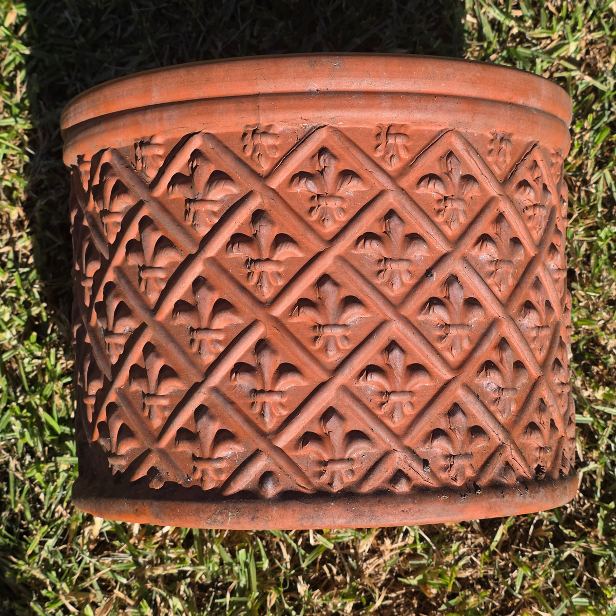 Vintage Fleur de Lis Terracotta Planter 12" Round Clay Garden Flower Pot Heavy