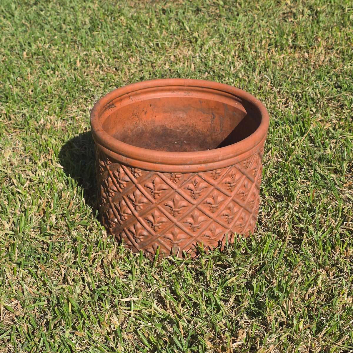 Vintage Fleur de Lis Terracotta Planter 12" Round Clay Garden Flower Pot Heavy