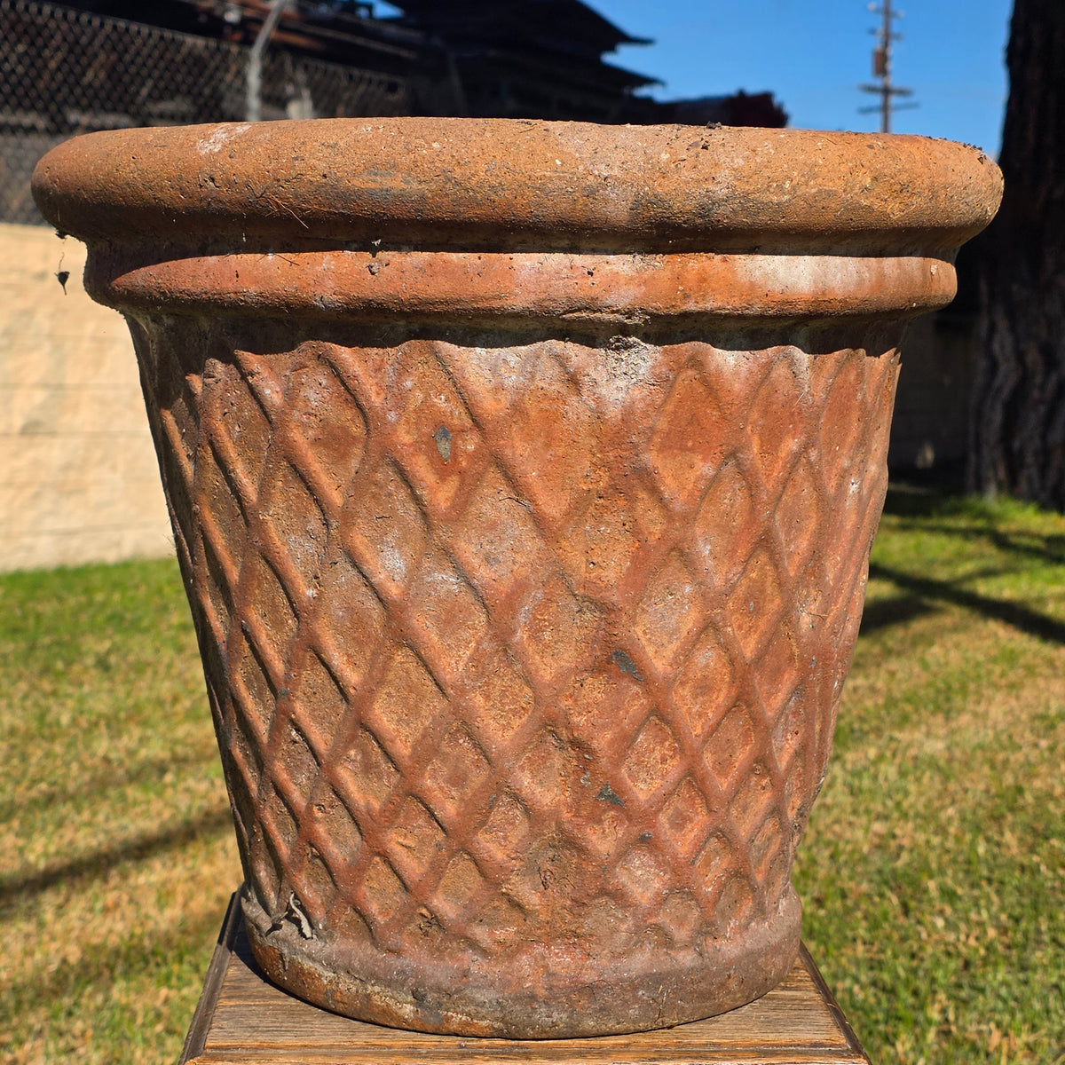Vtg Terracotta Planter Pot Large 16" Diamond Lattice Trellis Rustic Clay Garden