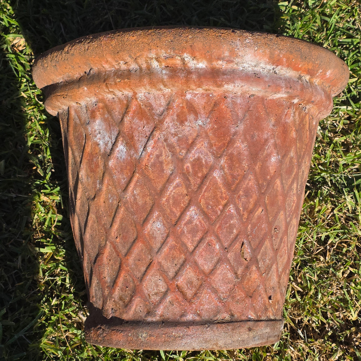 Vtg Terracotta Planter Pot Large 16" Diamond Lattice Trellis Rustic Clay Garden