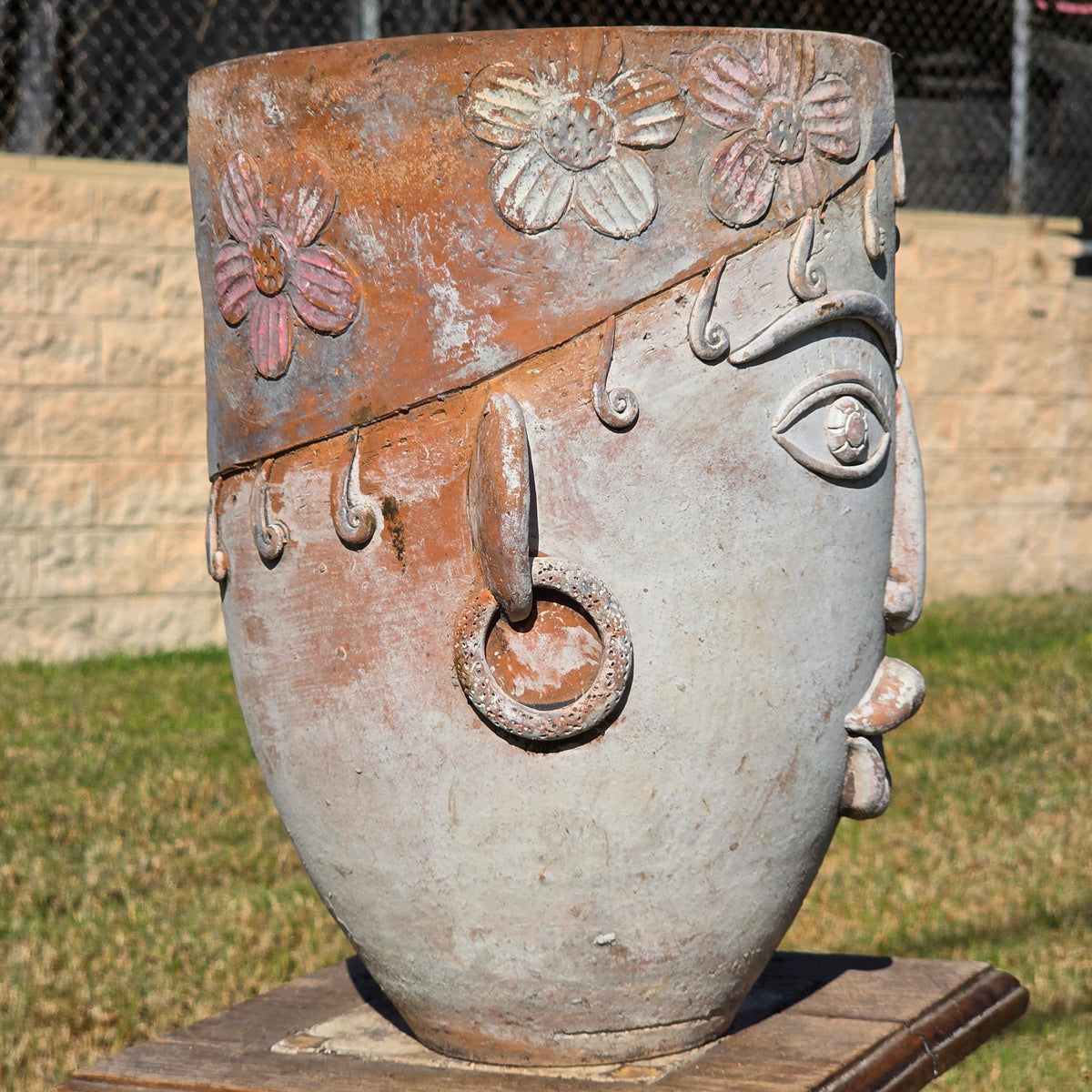 Vtg 1960s Mexican Terracotta Face Planter Pot Folk Art Head Pair Man Woman Set