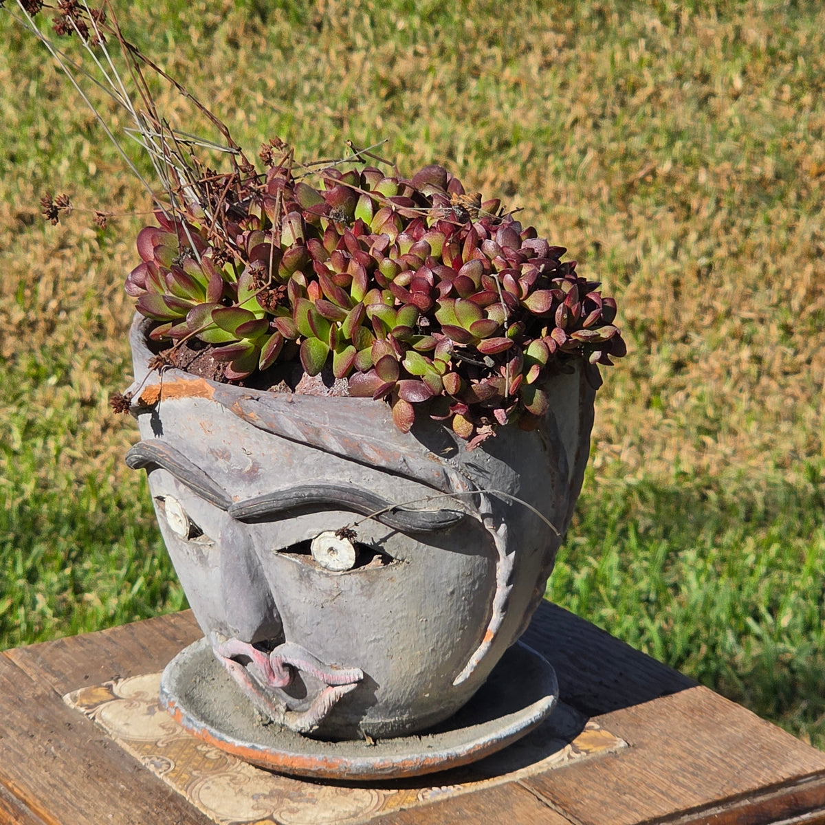 Vintage Mexican Face Planter with Saucer Terracotta Head Flower Pot Small 6"