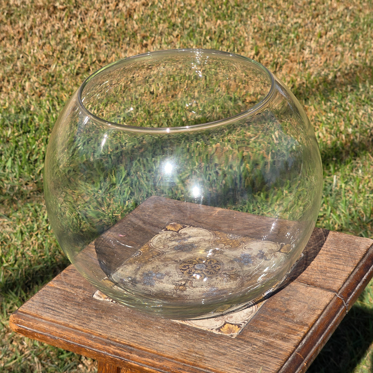Vtg Clear Glass Fish Bowl 10" Bubble Vase Terrarium MCM Hand Blown Round Large
