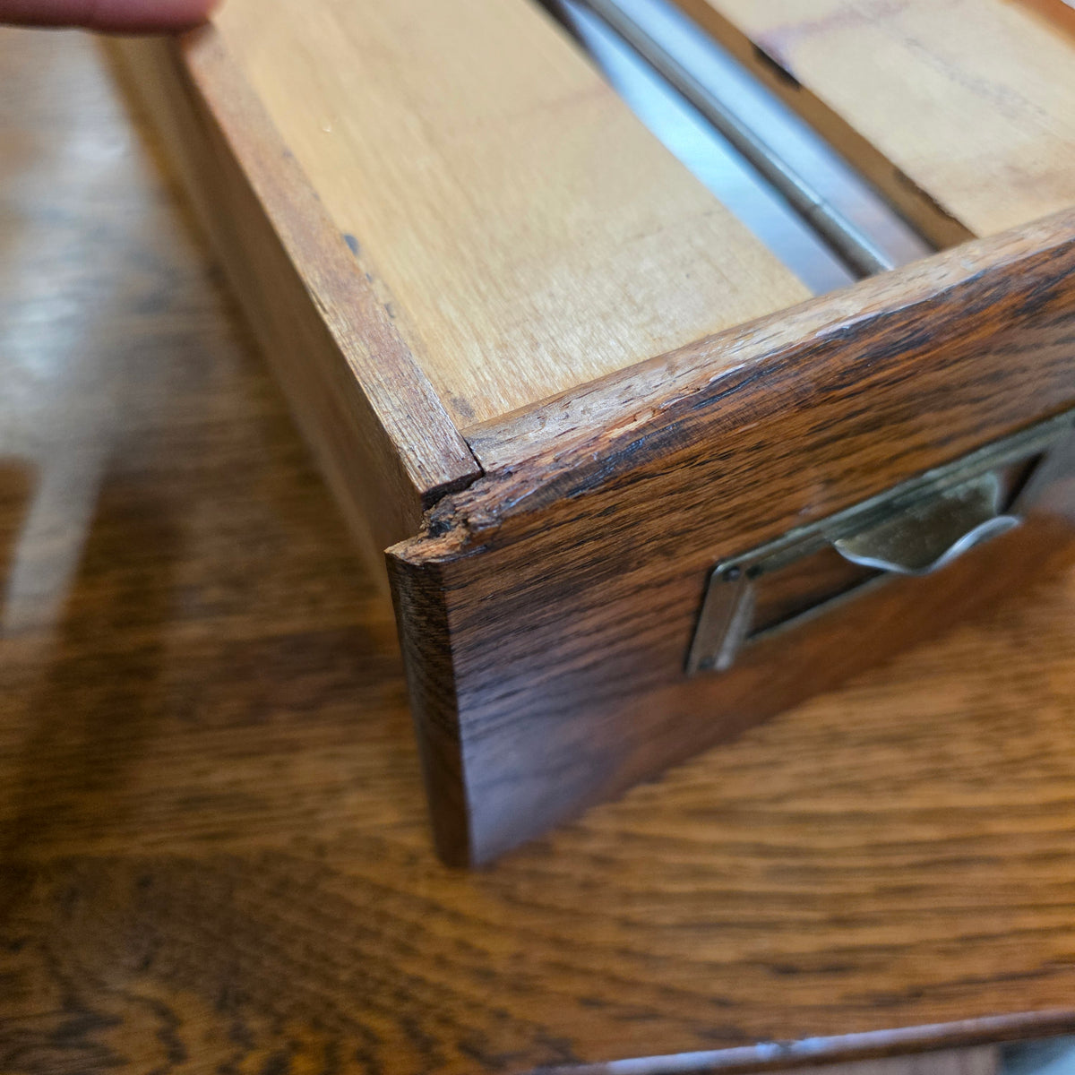 Antique Oak Card Catalog 2 Drawer Library File Box Desk Recipe Holder (Damage)