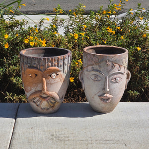 Vtg 1960s Mexican Terracotta Face Planter Pot Folk Art Head Pair Man Woman Set
