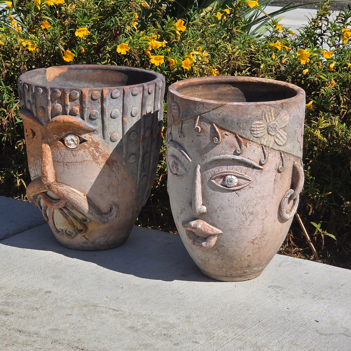 Vtg 1960s Mexican Terracotta Face Planter Pot Folk Art Head Pair Man Woman Set