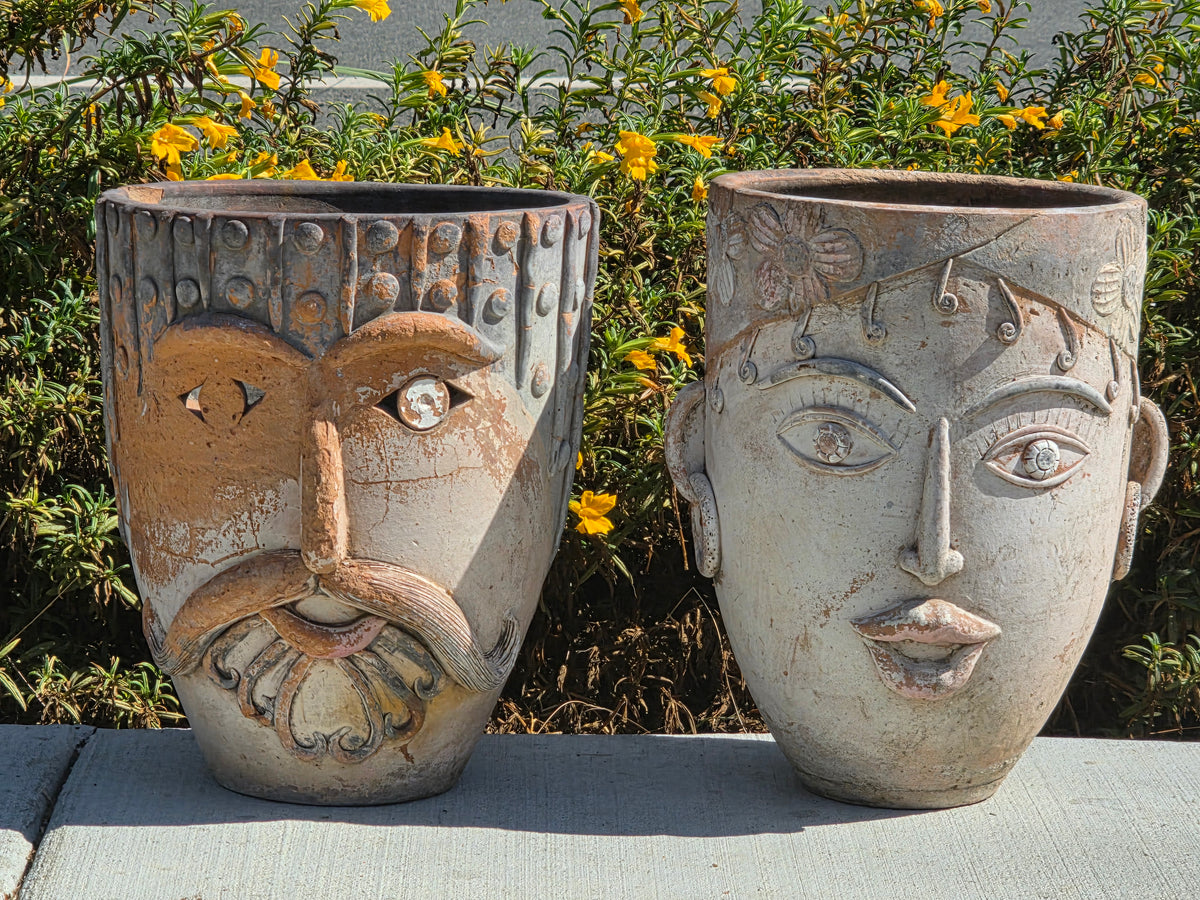Vtg 1960s Mexican Terracotta Face Planter Pot Folk Art Head Pair Man Woman Set