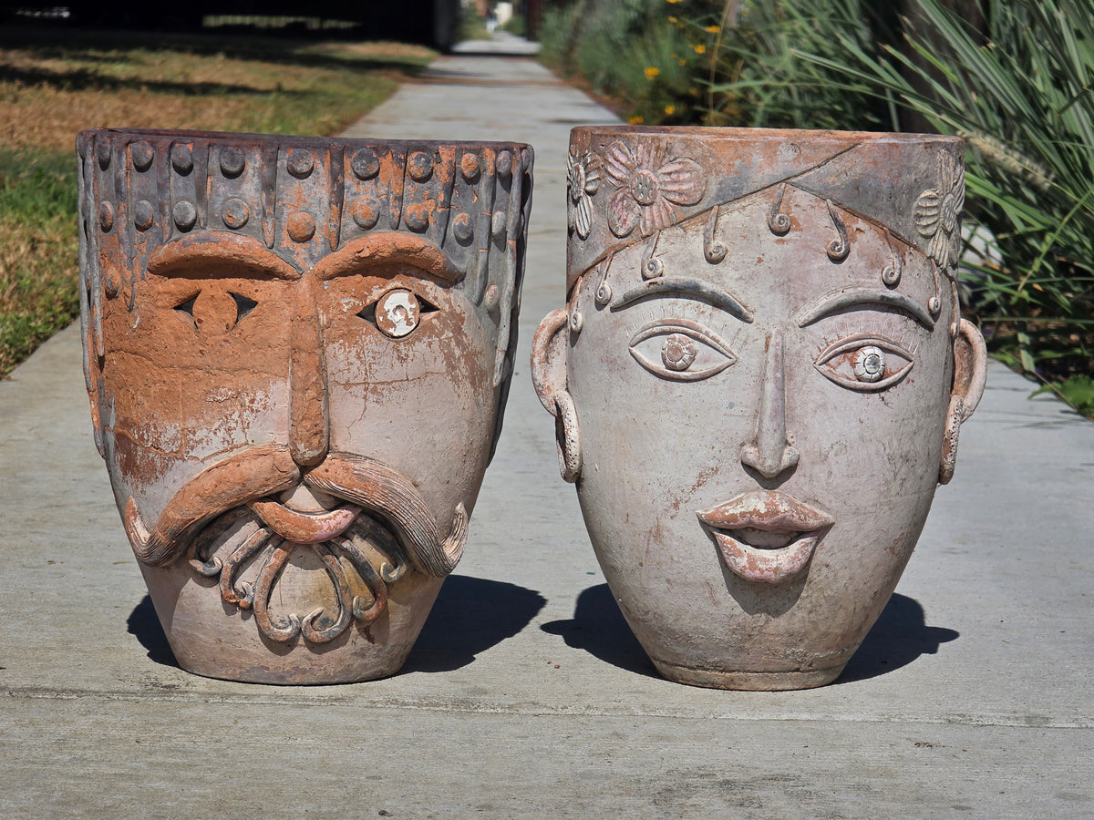 Vtg 1960s Mexican Terracotta Face Planter Pot Folk Art Head Pair Man Woman Set