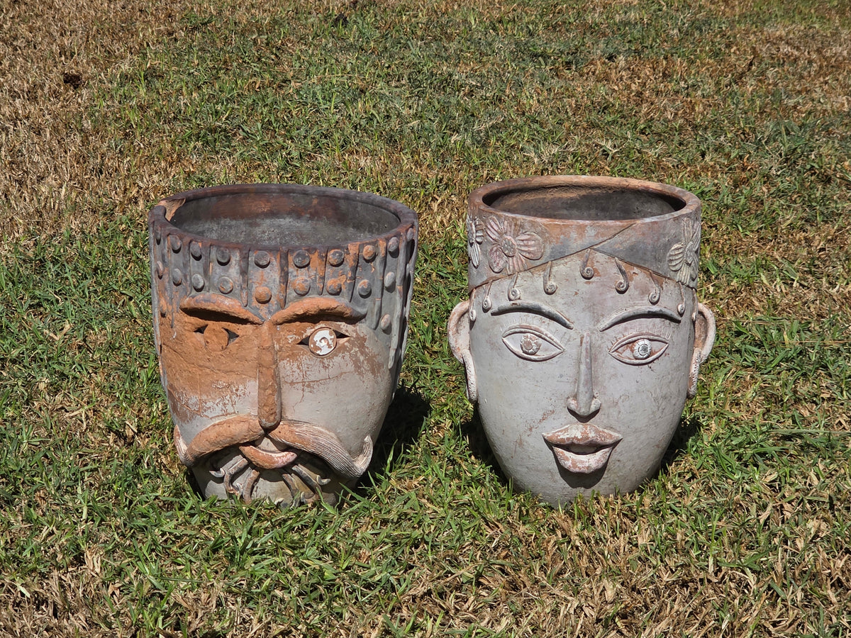 Vtg 1960s Mexican Terracotta Face Planter Pot Folk Art Head Pair Man Woman Set