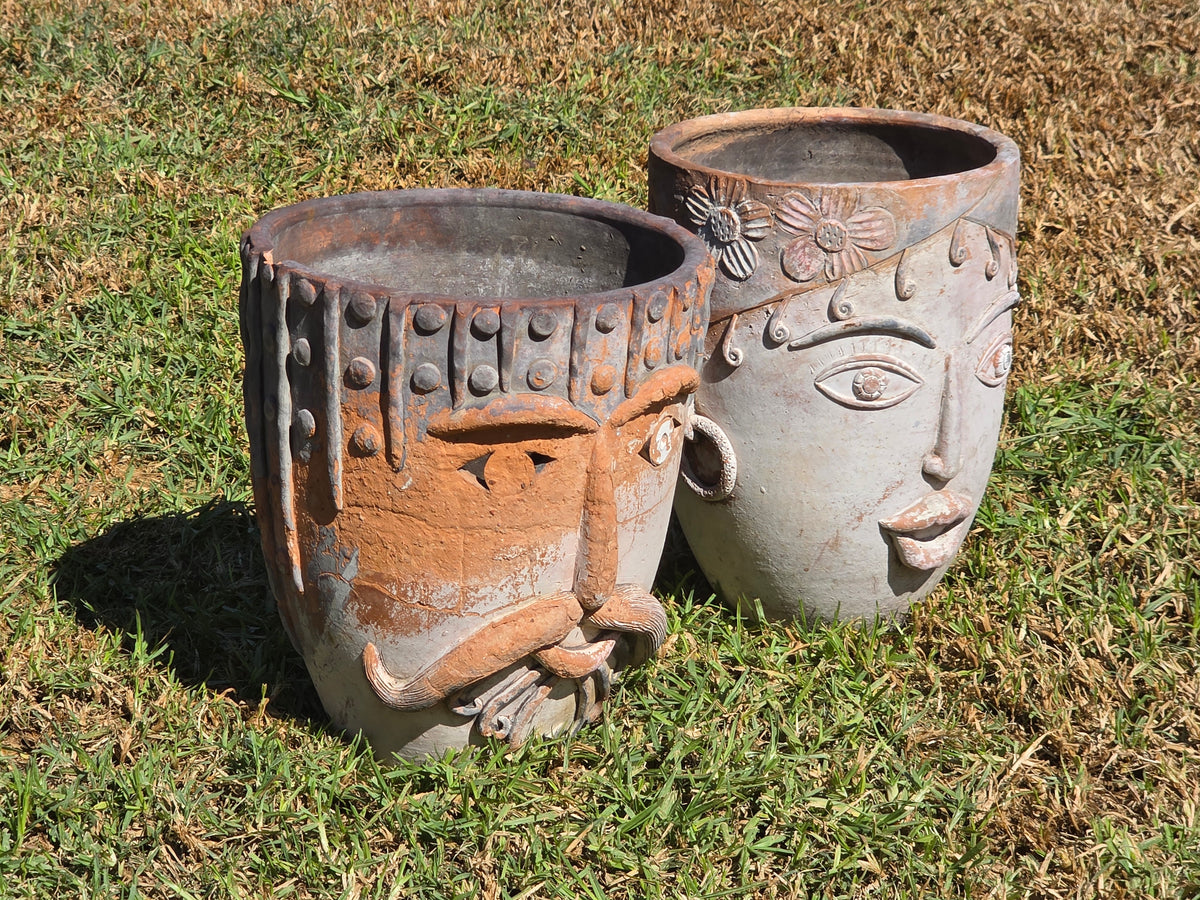Vtg 1960s Mexican Terracotta Face Planter Pot Folk Art Head Pair Man Woman Set