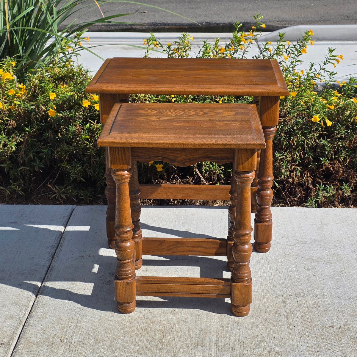 Vintage Oak Nesting Tables Set of 2 Jacobean Turned Legs Distressed Finish