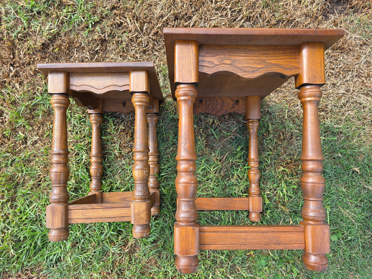 Vintage Oak Nesting Tables Set of 2 Jacobean Turned Legs Distressed Finish