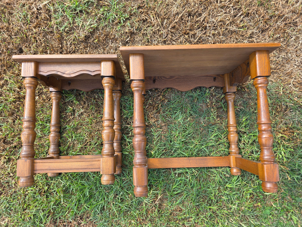 Vintage Oak Nesting Tables Set of 2 Jacobean Turned Legs Distressed Finish