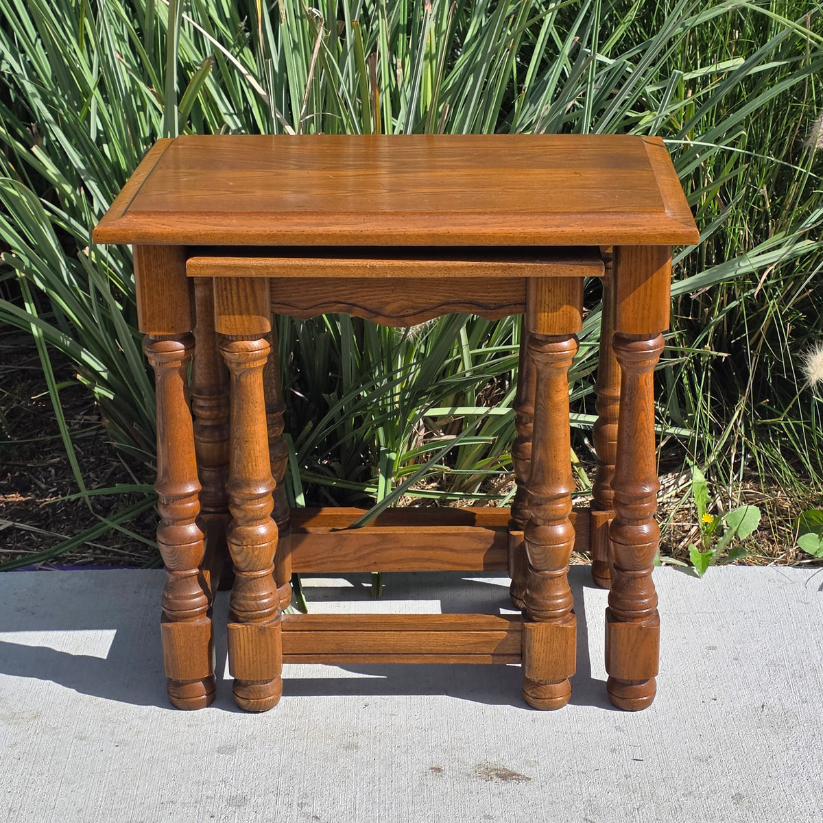 Vintage Oak Nesting Tables Set of 2 Jacobean Turned Legs Distressed Finish