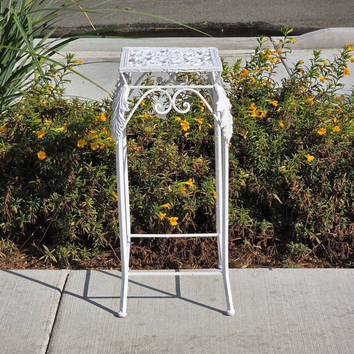 Vintage Cast Iron Wrought Plant Stand Tall Square White Victorian Leaf Hollywood
