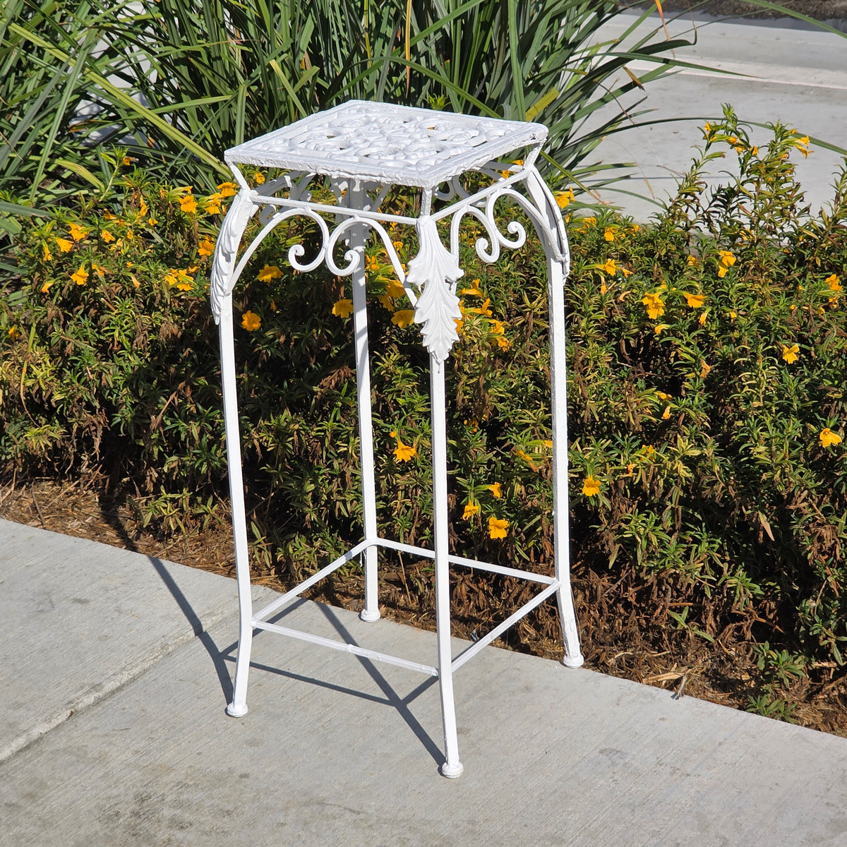 Vintage Cast Iron Wrought Plant Stand Tall Square White Victorian Leaf Hollywood